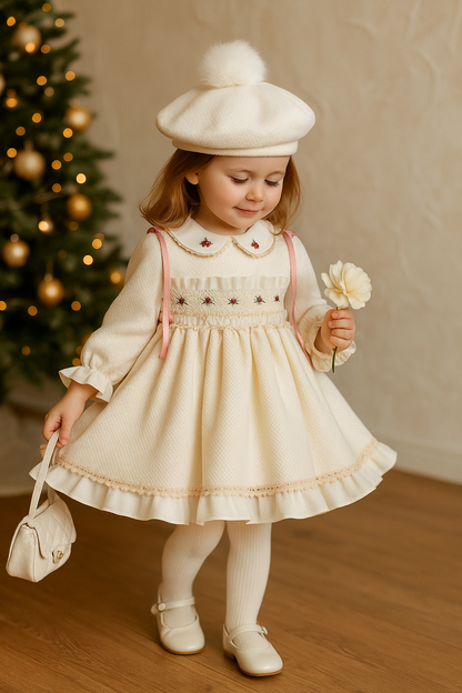Girls Cream Pom Beret Hat AW25 (Made To Order)