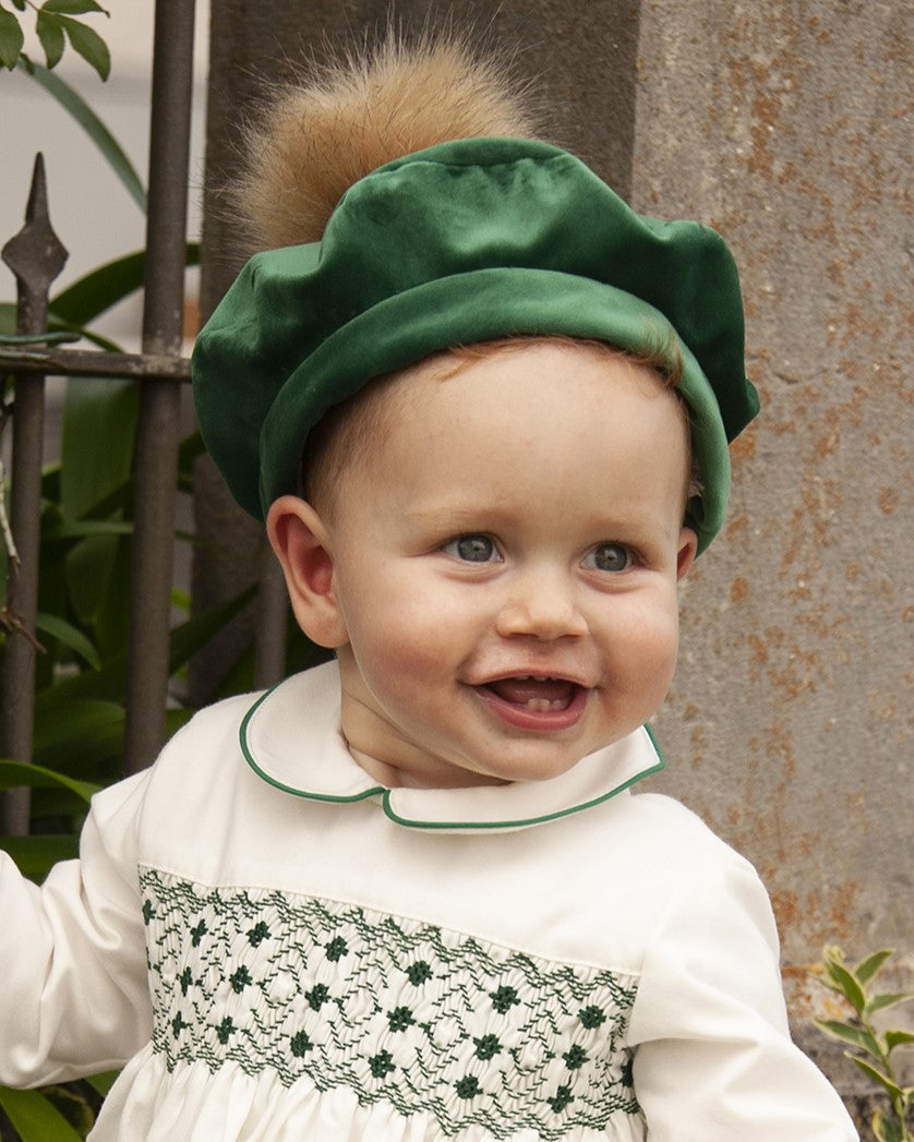Sonata Boys Bottle Green Velvet Smocked Shirt & Short Set AW (Made to order)