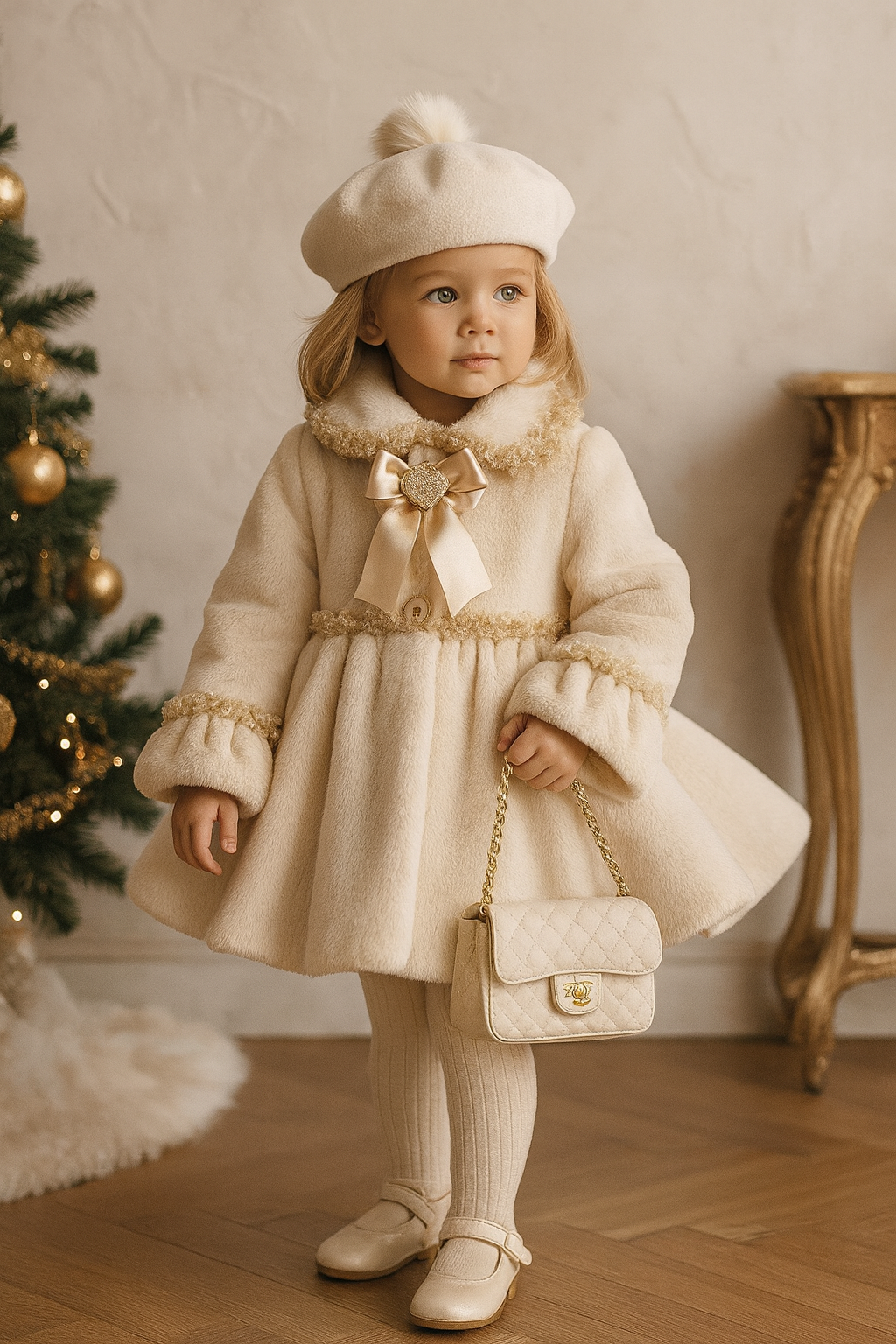 Girls Golden Cream Pom Beret Hat AW25 (Made To Order)