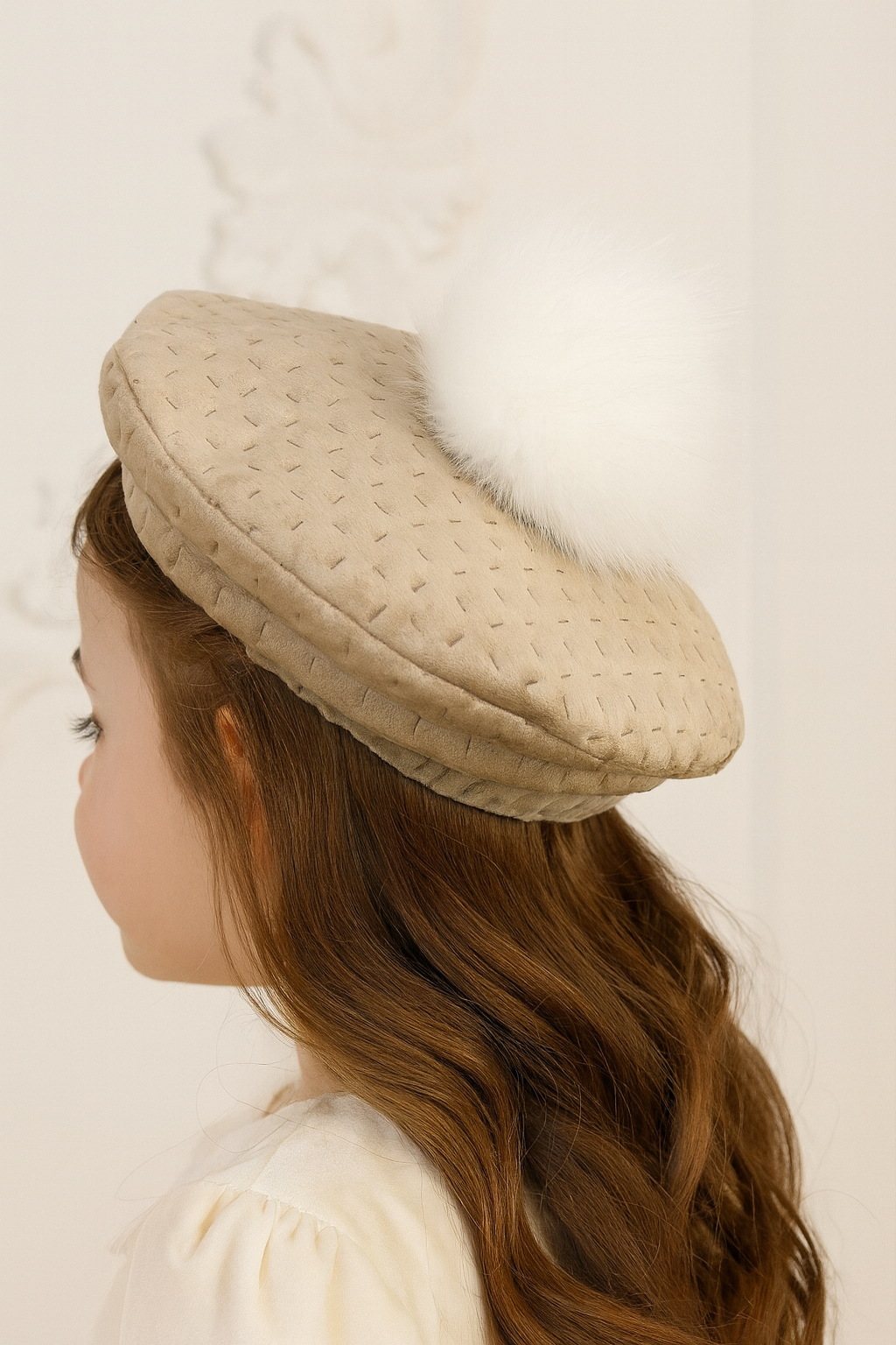 Girls Camel Quilted Pom Beret Hat AW25 (Made To Order)