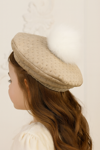 Girls Camel Quilted Pom Beret Hat AW25 (Made To Order)