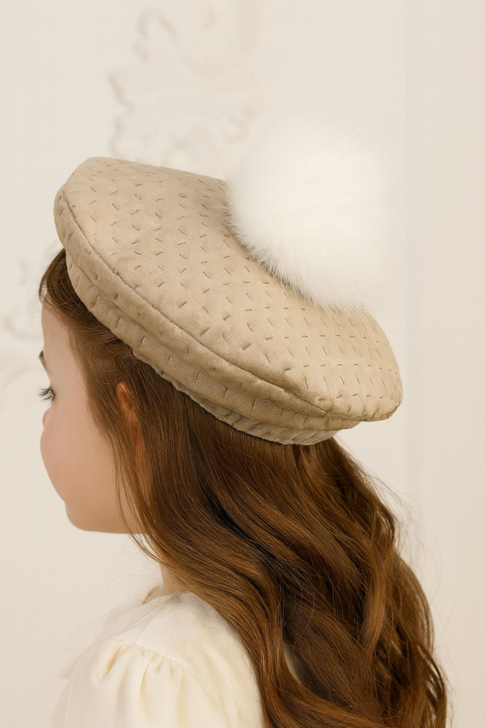 Girls Camel Quilted Pom Beret Hat AW25 (Made To Order)