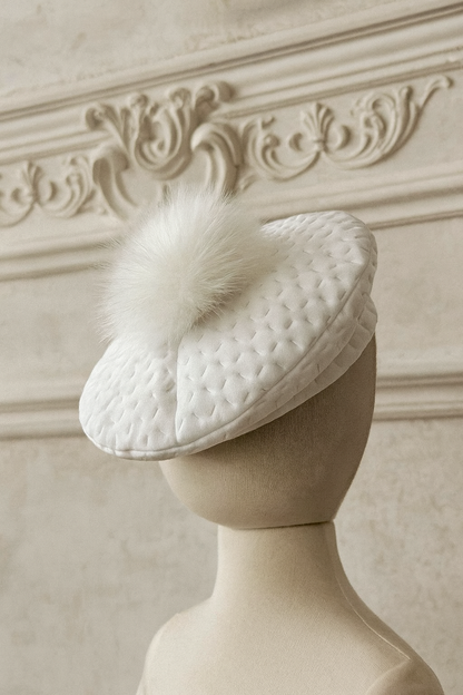 Girls White Quilted Pom Beret Hat AW25 (Made To Order)