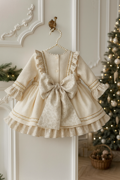 Cream & Golden Handmade Dream Puffball Dress AW25 (Made To Order)