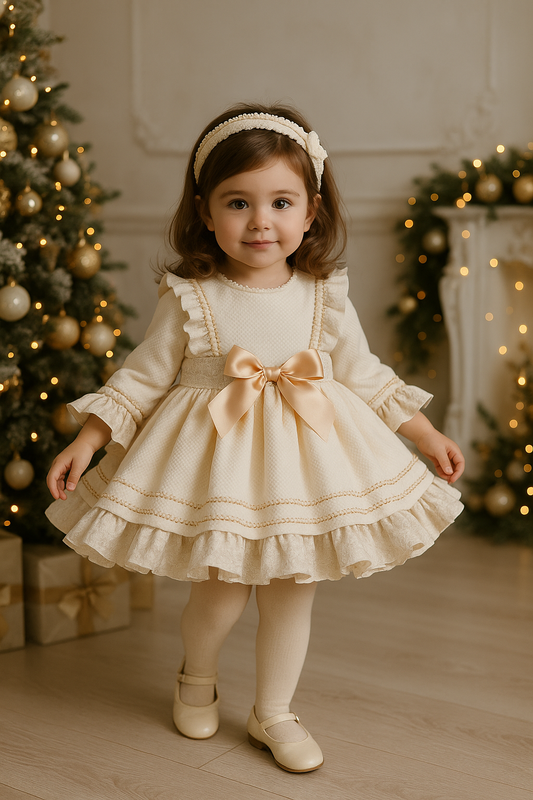 Cream & Golden Handmade Dream Puffball Dress AW25 (Made To Order)