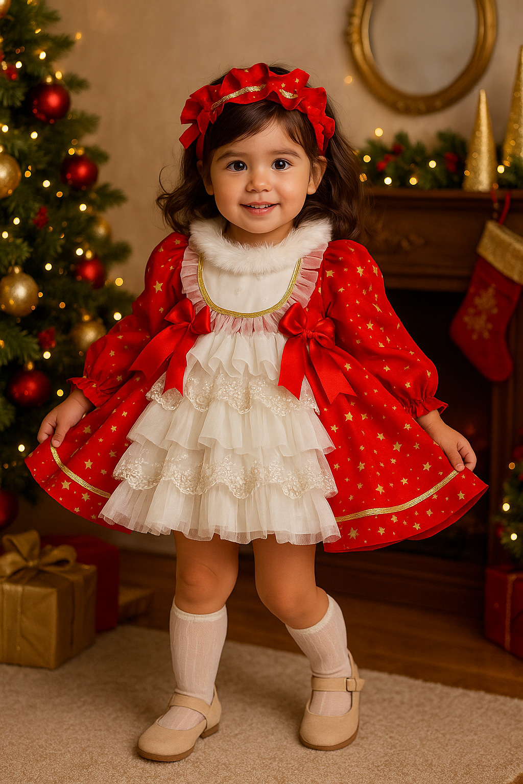 Sonata Red Stars Handmade Ruffle Puffball Dress AW25 (Made To Order)