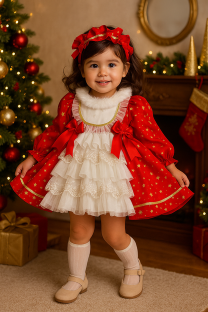 Sonata Red Stars Handmade Ruffle Puffball Dress AW25 (Made To Order)