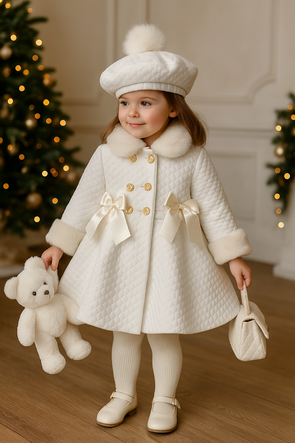 Girls White Quilted Pom Beret Hat AW25 (Made To Order)