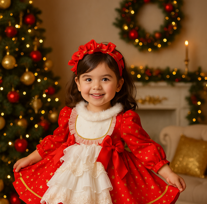 Sonata Red Stars Handmade Ruffle Puffball Dress AW25 (Made To Order)