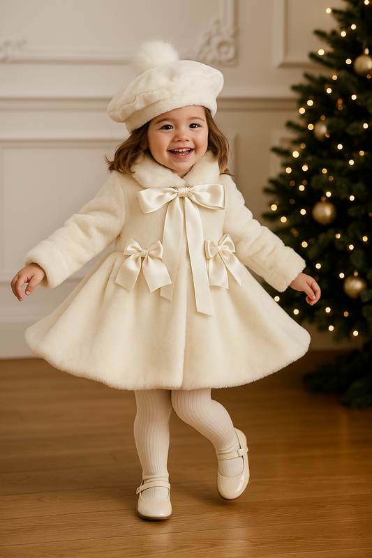 Cream Extra Soft Fur Girls Handmade Neck Tie Sonata Coat AW25 (Made To Order)