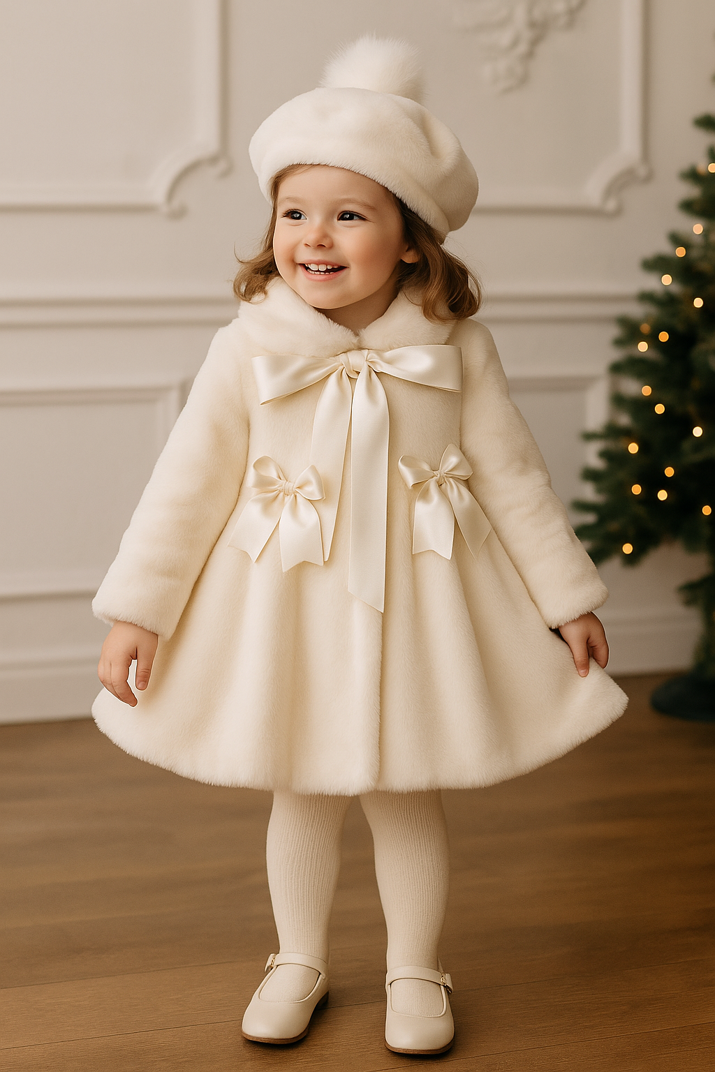 Girls Cream Extra Soft Fur Beret Pom Hat AW25 (Made To Order)