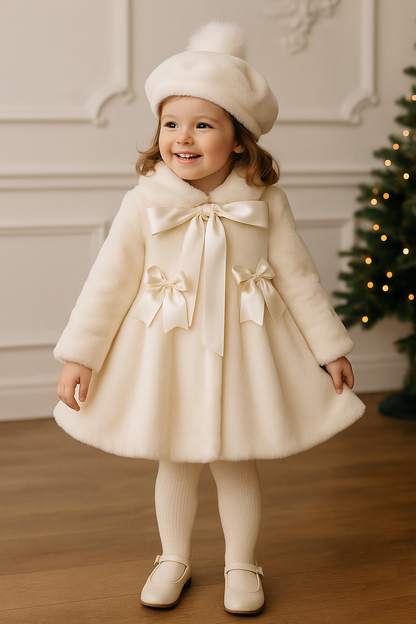 Girls Cream Extra Soft Fur Beret Pom Hat AW25 (Made To Order)