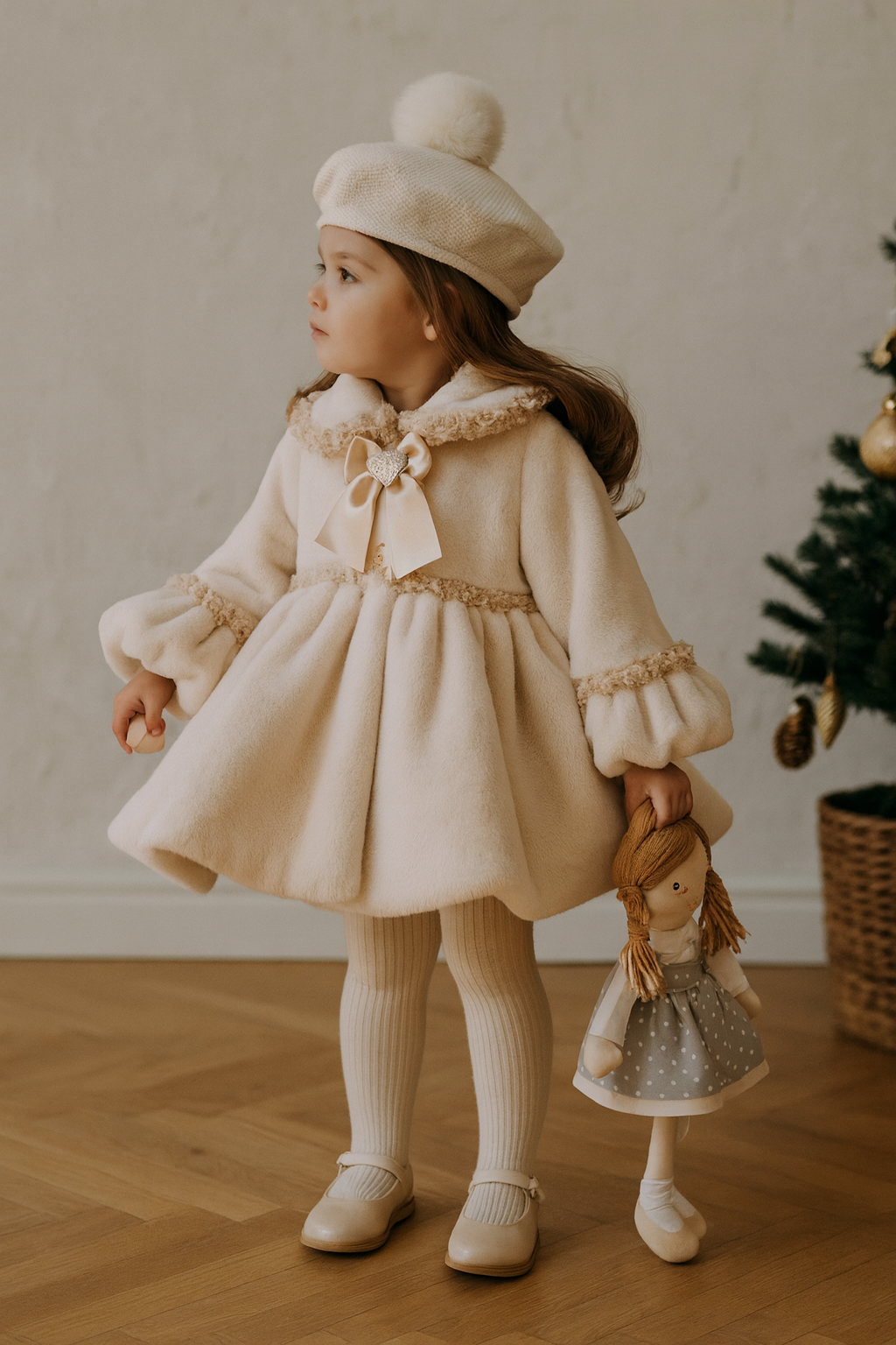 Girls Golden Cream Pom Beret Hat AW25 (Made To Order)