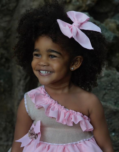 Ela Confeccion SS25 Girls Camel & Pink Dress, Knickers & Hair Bow - (Made to order)