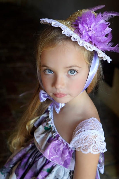 Ela Confeccion SS25 Girls Purple Floral Handmade Straw Hat - (Made to order)