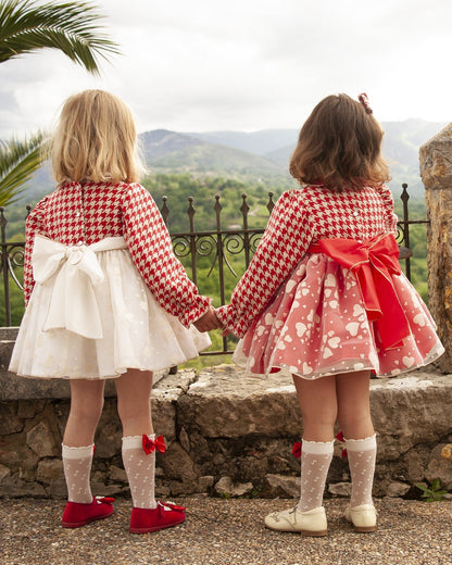 Sonata Dog Tooth Cream Heart Puffball Dress - (Made To Order)