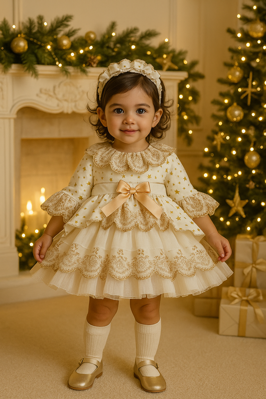 Sonata Golden Stars Handmade Ruffle Puffball Dress AW25 (Made To Order)