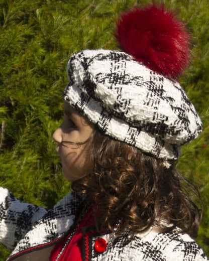 Tweed Handmade Red Pom Beret Hat AW (Made to order)