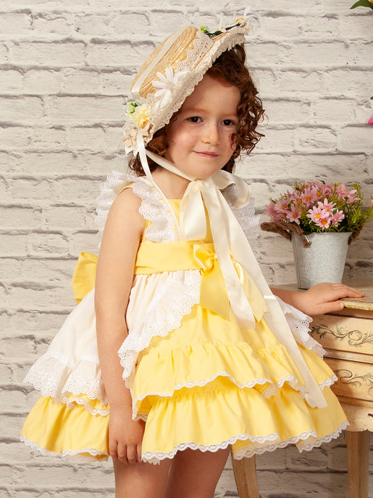 Girls White And Yellow Ruffle Puffball Dress (Made to order)