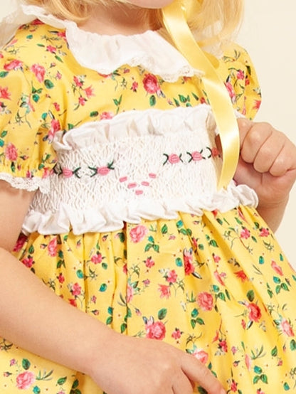 Girls Yellow Floral Hand Smocked Dress - (In Stock)