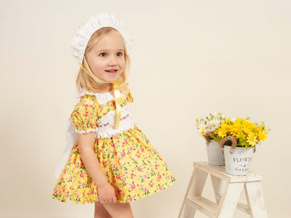Girls Yellow Floral Hand Smocked Dress - (In Stock)