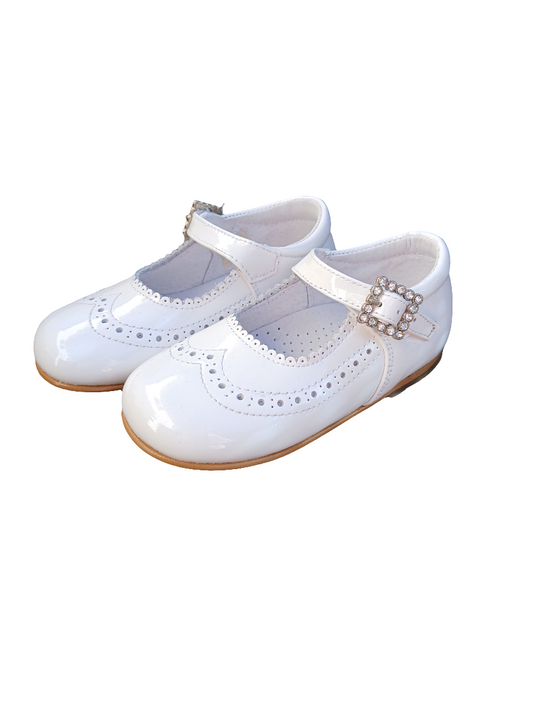 Girls Mary Jane White Patent Shoes with diamanté buckle