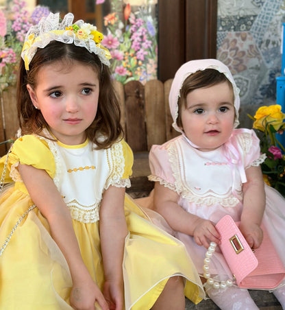 Girls Sonata Handmade Pink Embroidered Puffball Dress - (Made To Order)