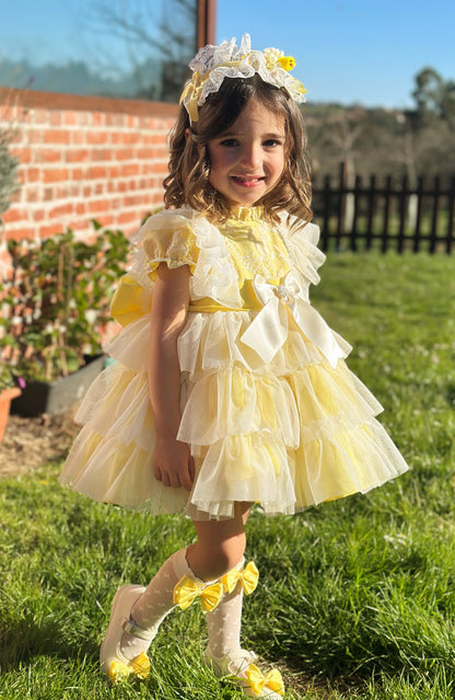 Girls Handmade Sunny Lemon Overlay Ruffle Dress - (Made To Order)