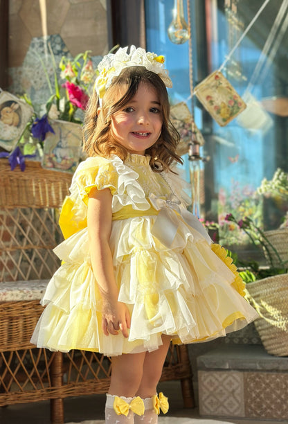 Girls Handmade Sunny Lemon Overlay Ruffle Dress - (Made To Order)