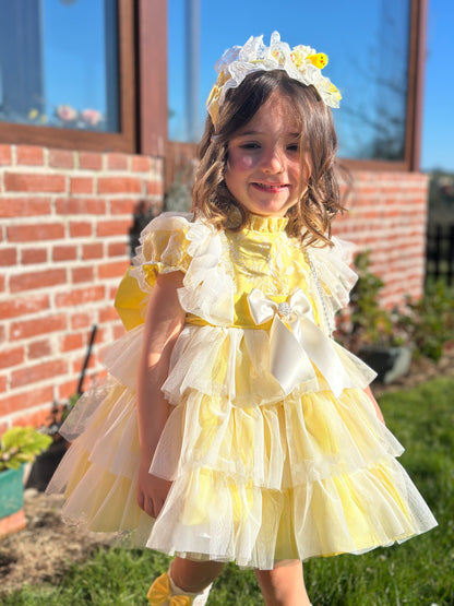 Girls Handmade Sunny Lemon Overlay Ruffle Dress - (Made To Order)