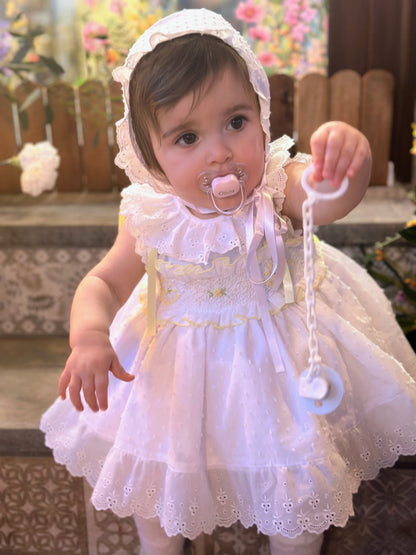 Sonata Girls White Plumetti Hand Smocked Dress - (Made To Order)