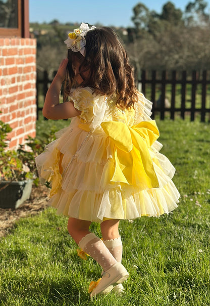 Girls Handmade Sunny Lemon Overlay Ruffle Dress - (Made To Order)