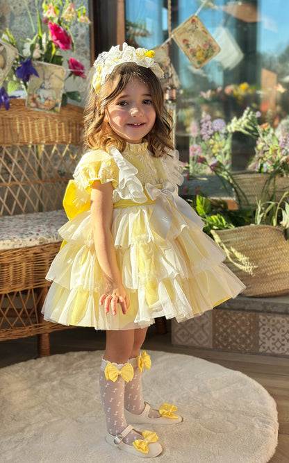 Girls Handmade Sunny Lemon Overlay Ruffle Dress - (Made To Order)