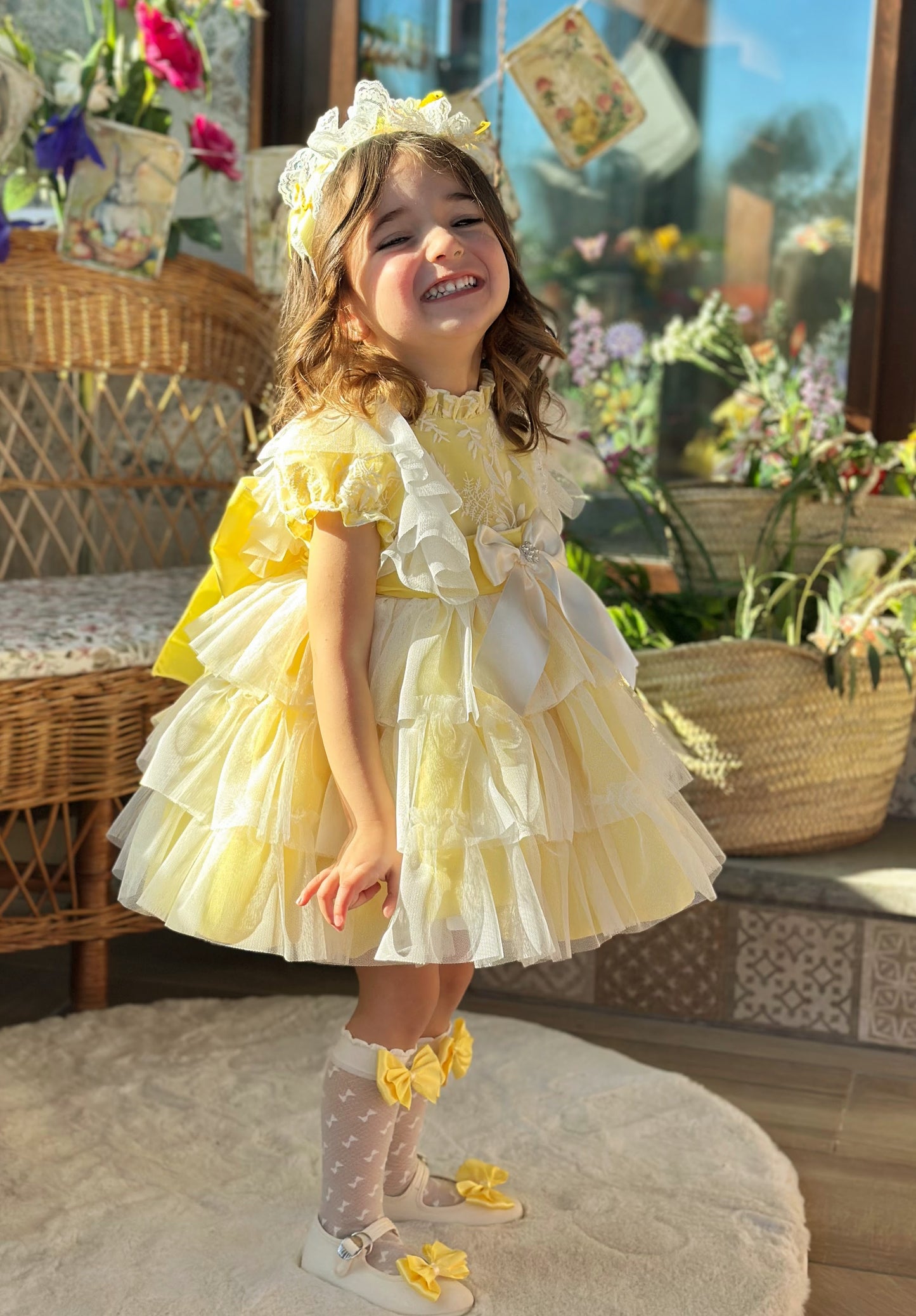Girls Handmade Sunny Lemon Overlay Ruffle Dress - (Made To Order)