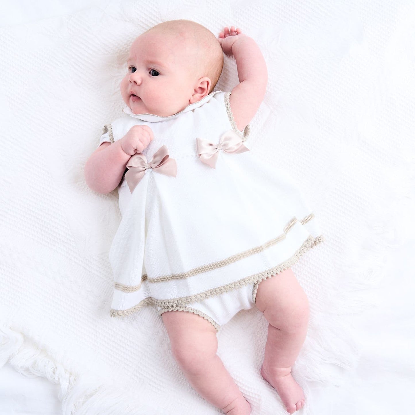 Baby Girls White/Taupe Knitted Dress & Knickers Set
