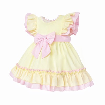 Baby Girls Cotton Yellow With Pink Bow Puff Dress