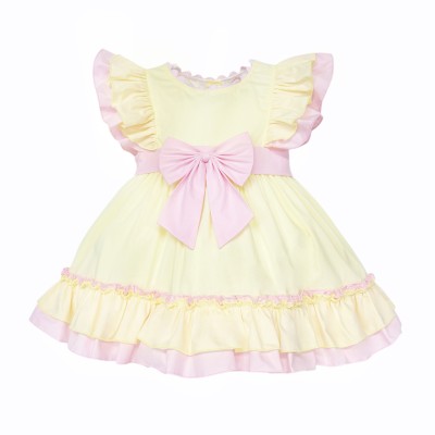 Baby Girls Cotton Yellow With Pink Bow Puff Dress