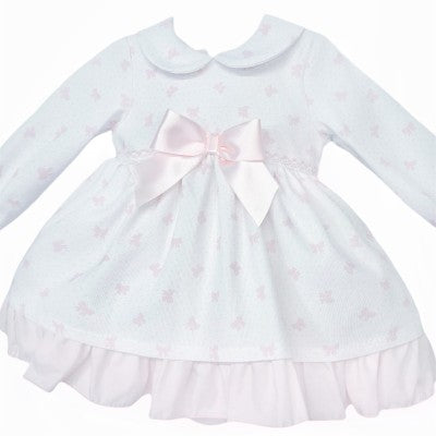 Girls White & Pink Bow Print Dress With Knickers