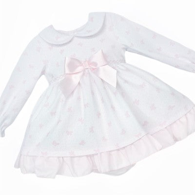 Girls White & Pink Bow Print Dress With Knickers