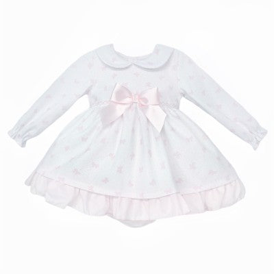 Girls White & Pink Bow Print Dress With Knickers