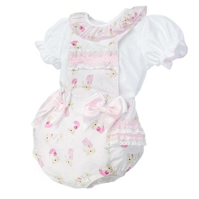 Baby Girl Pink Teddy Bear Frilly Romper & Blouse Set