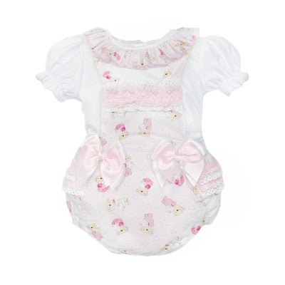 Baby Girl Pink Teddy Bear Frilly Romper & Blouse Set