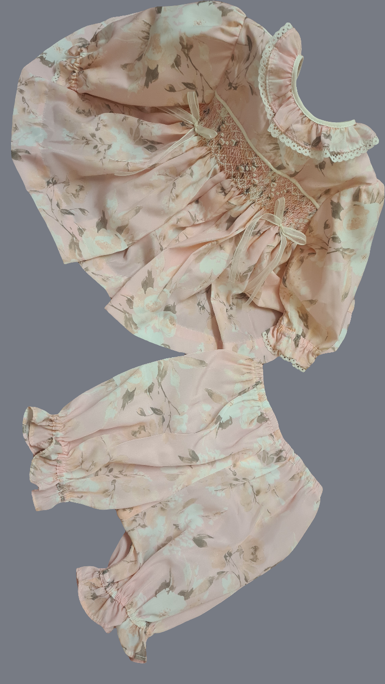 Pink Cream Flower Smocked Dress Set