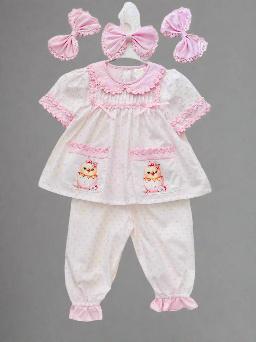 Girls Pink Swiss Dot Pyjamas & Hair Accessory