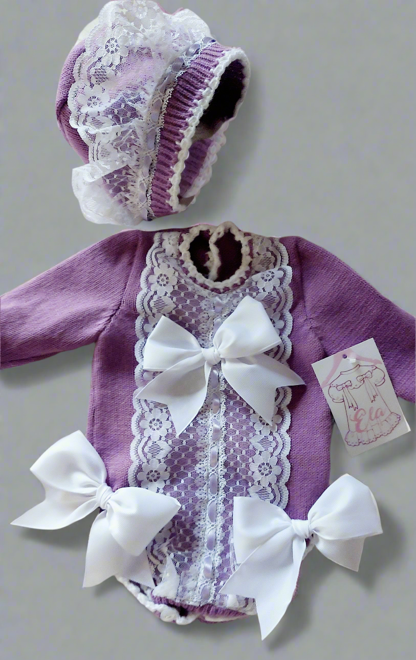 Ela Confeccion Purple Knitted Romper & Bonnet - (Made To Order)