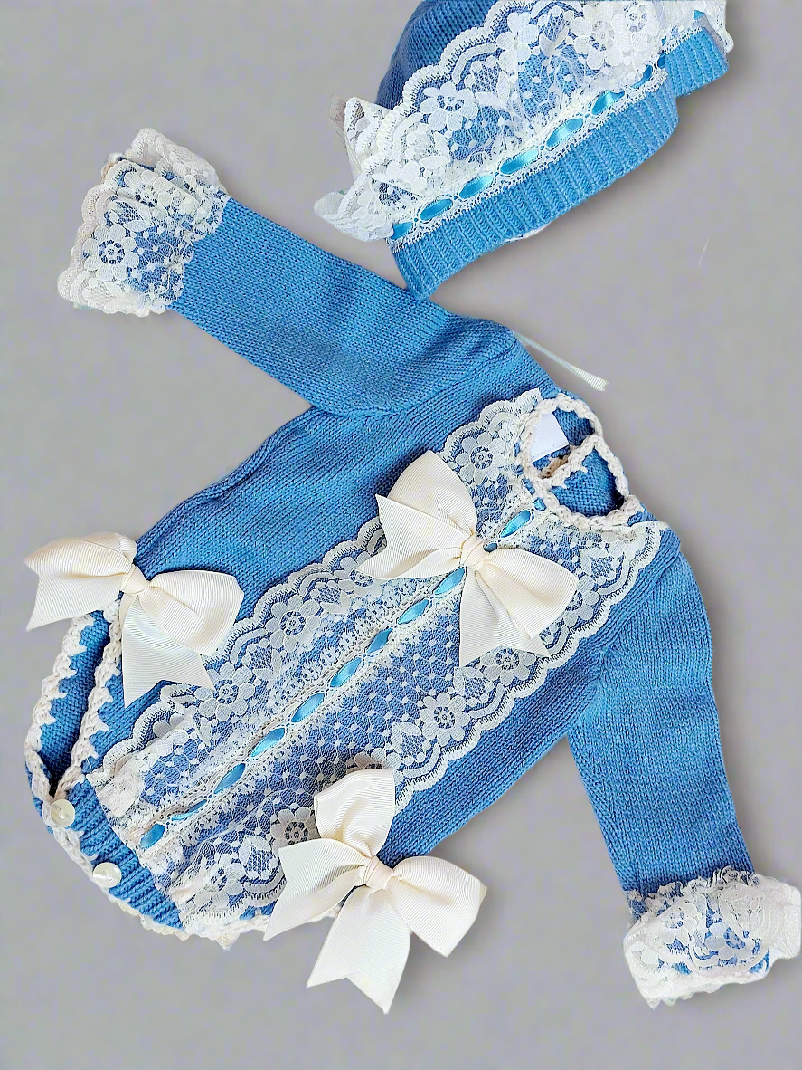 Ela Confeccion Blue Hand Knitted Romper & Bonnet - (Made To Order)