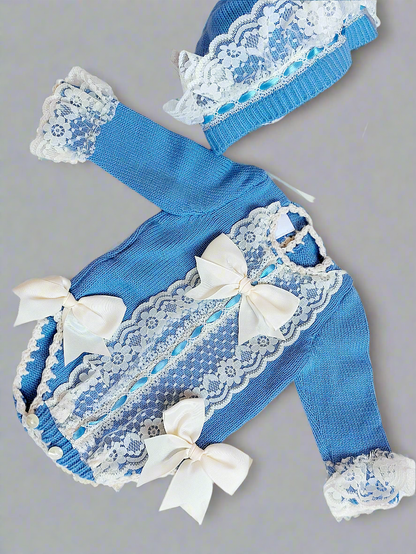 Ela Confeccion Blue Hand Knitted Romper & Bonnet - (Made To Order)