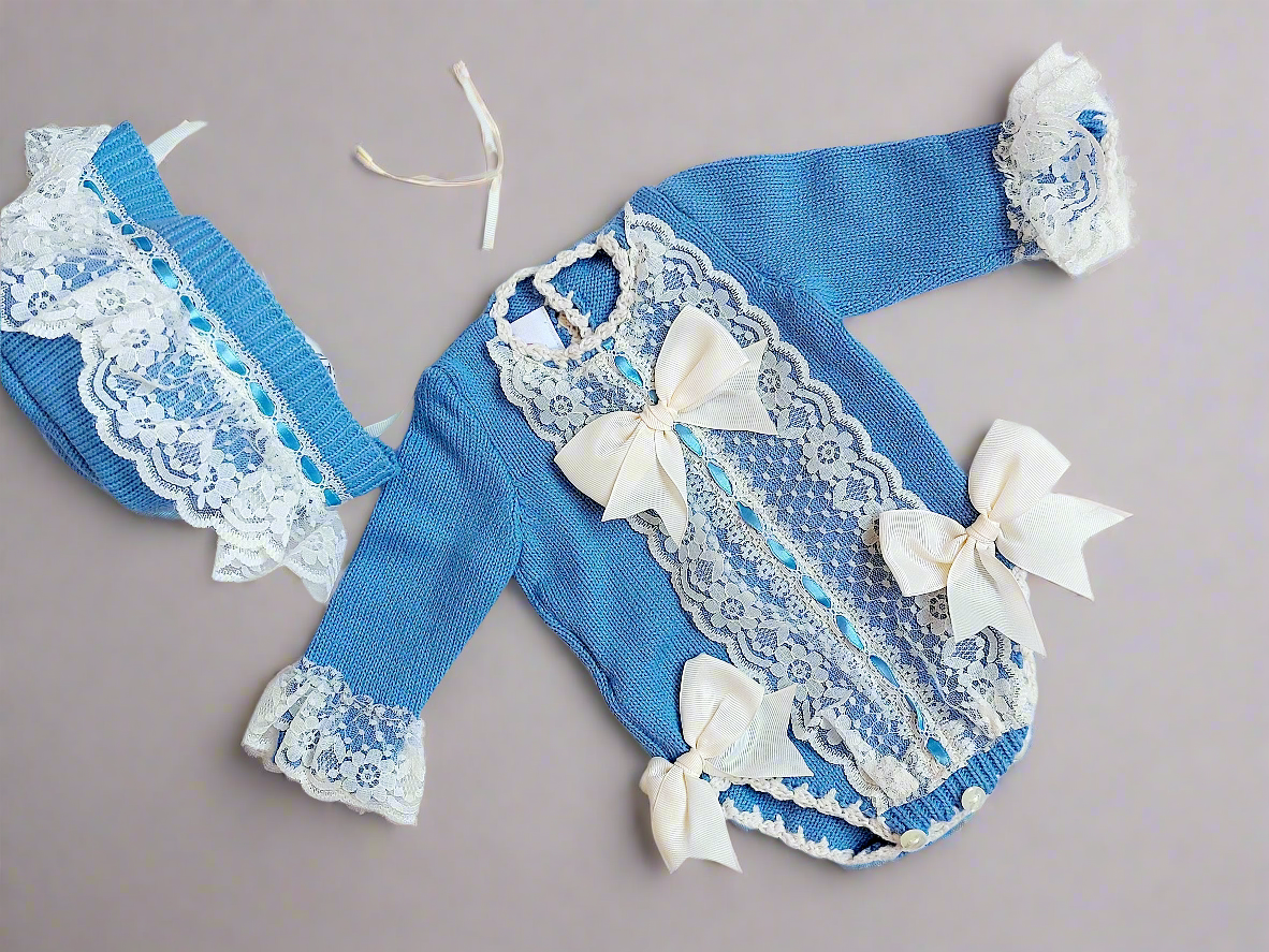 Ela Confeccion Blue Hand Knitted Romper & Bonnet - (Made To Order)