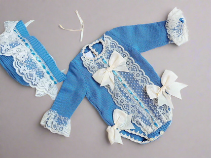 Ela Confeccion Blue Hand Knitted Romper & Bonnet - (Made To Order)