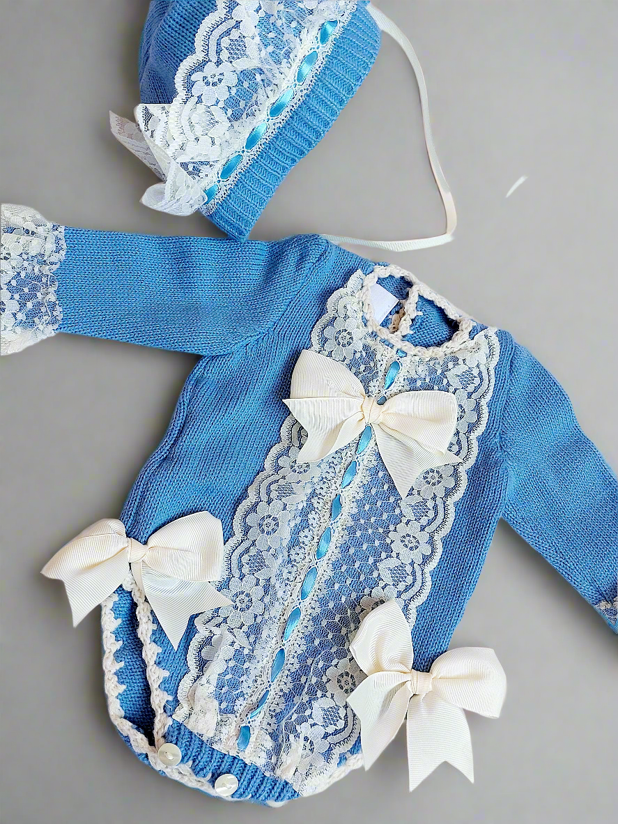Ela Confeccion Blue Hand Knitted Romper & Bonnet - (Made To Order)